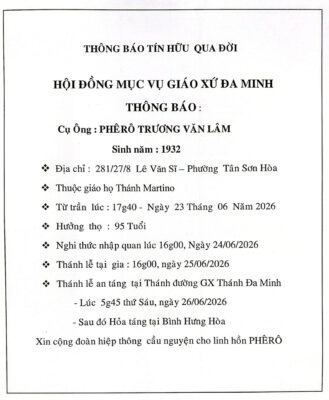 Ai tín, Ông PHÊRÔ TRƯƠNG VĂN LÂM, thuộc Giáo họ Thánh Martinô, về nhà Cha