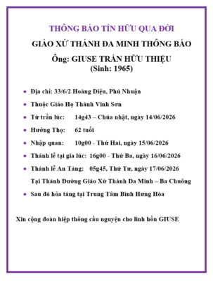 Ai tín, Ông GIUSE TRẦN HỮU THIỆU, thuộc Giáo họ Thánh Vinh Sơn, về nhà Cha