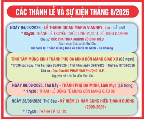 LỊCH PHỤNG VỤ THÁNG 08/2026